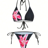 Apron Three Piece Bikini Vintage Print Long Skirt Swimsuit Women's Swimwear