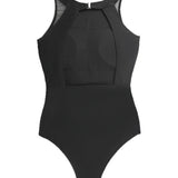 Women's Black Mesh Triangle Backless One-Piece Swimsuit