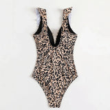 Leopard Print Tummy Control Slimming One Piece Swimsuit for Women with Ruffled Trim Beach