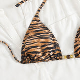 Sexy Animal Print Leopard Bikini Swimsuit with Halter Neck and Beads
