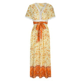 Women's Short Sleeve Lace Trim Tie-Waist Bohemian Dress Vacation Beach Dress Floral