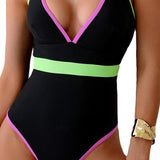 Women's Solid Color One-Piece Spaghetti Strap Swimsuit Hot Style Contrast Color Sexy Slimming