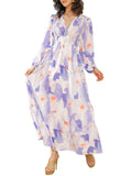 Bohemian female Long Lantern Sleeves Dress-Boho deep V printing high waist casual dress for women