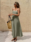 Off-the-shoulder backless solid color suspender strap-up long dress
