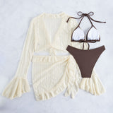 Long Sleeve Cover Up Triangle Apron Four Piece Bikini Lace Swimsuit Women's Swimwear Set