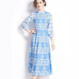 Vintage Blue Willow Print Mandarin Collar Dress - Lantern Sleeve Court Tie-Waist Flared Maxi Gown