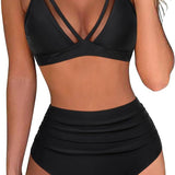 High Waist Bikini Mesh Panel Sexy Backless Ruffled Swimsuit