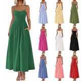 Women's Dress, Thin Shoulder Strap Pleated Vest, Suspender Pocket Dress