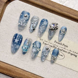 Blue snowflake autumn and winter Christmas handmade short almond pure handmade nail art