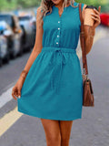 Casual Woven Button Lace Up Waist Solid Color Sleeveless Dress Solid Button Drawstring Waist Dress