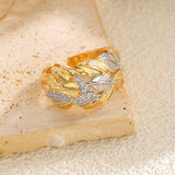Luxury Leaf Texture Copper Inlaid Zircon Ring Gold Two-Tone Open Ring