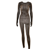 Sexy perspective summer perspective onesie fashion seamless striped jacquard one-piece long-sleeved one-piece trousers