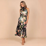 Women's Summer Sundress - Sexy Halter Sleeveless Satin Dress with Elastic Waist & Ruffle Trim