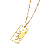 18K Gold Plated Sun Moon Hollow Geometric Square Pendant Stainless Steel Necklace