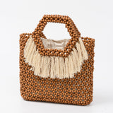 Beach Vacation Wooden Bead Bag – Handwoven Women's Travel Tote, Fringe Boho Handbag
