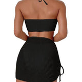 Solid Color Halter Neck Sexy Swimsuit Skirt Three Piece Separate Bikini Swimwear