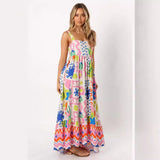 Printed shrinkage pleated splicing long suspender dress positioning flower pendulum skirt