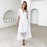 Dress skirt V-neck sexy waist solid color lace hollow dress