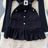 Pearl Buckle Lace Trim Dress – Black Tie-Waist Peplum Hem Mini, Elegant Cocktail Shift