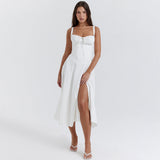 Sleeveless Strapless Bandage Corset Dress - Floral Print Long Midi Dress with Lace Up Back & Thigh Slit