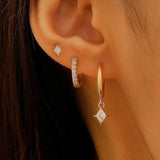 Copper Inlaid Zircon Rhombus Pendant Women 3pcs Earrings Set Studs Buckle Hoops