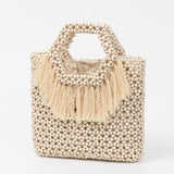 Beach Vacation Wooden Bead Bag – Handwoven Women's Travel Tote, Fringe Boho Handbag