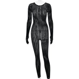 Sexy perspective summer perspective onesie fashion seamless striped jacquard one-piece long-sleeved one-piece trousers