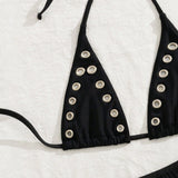 Ins Niche French Style Sexy Metal Ring Pure Desire Halterneck Retro Girl Bikini Swimsuit Set