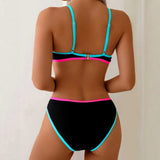 Women's Black Contrast Color Patchwork Bikini Sexy Hottie Two Piece Swimsuit