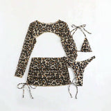 Leopard Print Lace up Sexy Bikini Separated Four piece Swimsuit Long Sleeve Sun Protection Skirted Swimwear