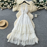 White Lace Halter Beach Dress – Spring-Summer Open-Back Tiered Cake Maxi, Vacation Bridal Sundress