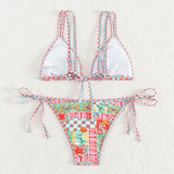 Printed Triangle Sexy Split Swimsuit Three Points Beach Bikini Female Neck-Tie Halter Bikini W Random Flower