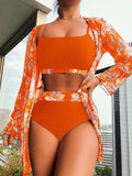 Maple Leaf Print Long Sleeve Patchwork Bikini Three Piece Separate Swimsuit for Women