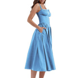 Floral Midi Corset Dress with Square Neck - Women's Smocked Lace-Up Sundress for Wedding Guest & Beach Holiday Parties