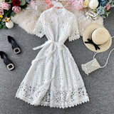 Hollow-Out Elegant Mandarin Collar Dress – Long Sleeve Lace Midi, Short Sleeve Button-Front Tie-Waist Gown