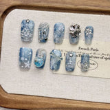 Blue snowflake autumn and winter Christmas handmade short almond pure handmade nail art