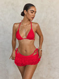 Lace Mesh Skirt Cover Up Strappy Halter Three Piece Bikini