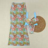 Spring Sexy Hot Girl Color Block Print Strappy Top High Waist Skirt Three Piece Set