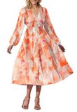 Bohemian female Long Lantern Sleeves Dress-Boho deep V printing high waist casual dress for women