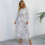 Spring and Autumn floral chiffon dress waist thin long sleeve round neck long printed skirt