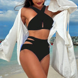Bikini Two Piece Set Sexy Backless Cross Strap Solid Color Swimsuit Women