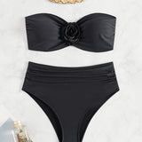 Women's Black Floral Two Piece Swimsuit Sexy High Waist Bikini Set
