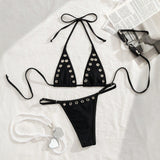 Ins Niche French Style Sexy Metal Ring Pure Desire Halterneck Retro Girl Bikini Swimsuit Set