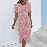 Slim-fit Women's Geometric Collage Bubble Sleeves Irregular hem Dress Sub Female Split Dress Summer Floral dress