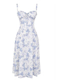 Sleeveless Strapless Bandage Corset Dress - Floral Print Long Midi Dress with Lace Up Back & Thigh Slit