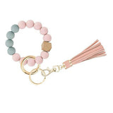 PU Tassel Keychain Bag charm Silicone Beaded Keychain Wristlet Key Ring Bracelet Cute Car Key Chain Holder for Women Girls