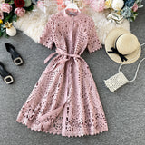 Hollow-Out Elegant Mandarin Collar Dress – Long Sleeve Lace Midi, Short Sleeve Button-Front Tie-Waist Gown