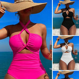 High Waist Solid Color One Piece Sexy Backless Halter Swimsuit for Women