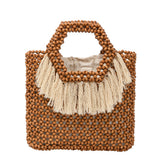 Beach Vacation Wooden Bead Bag – Handwoven Women's Travel Tote, Fringe Boho Handbag