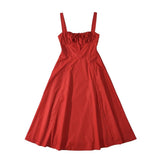 Square Neck Bustier Midi Dress - Low Cut Sleeveless Swing Sundress with Lace Trim & Spaghetti Straps